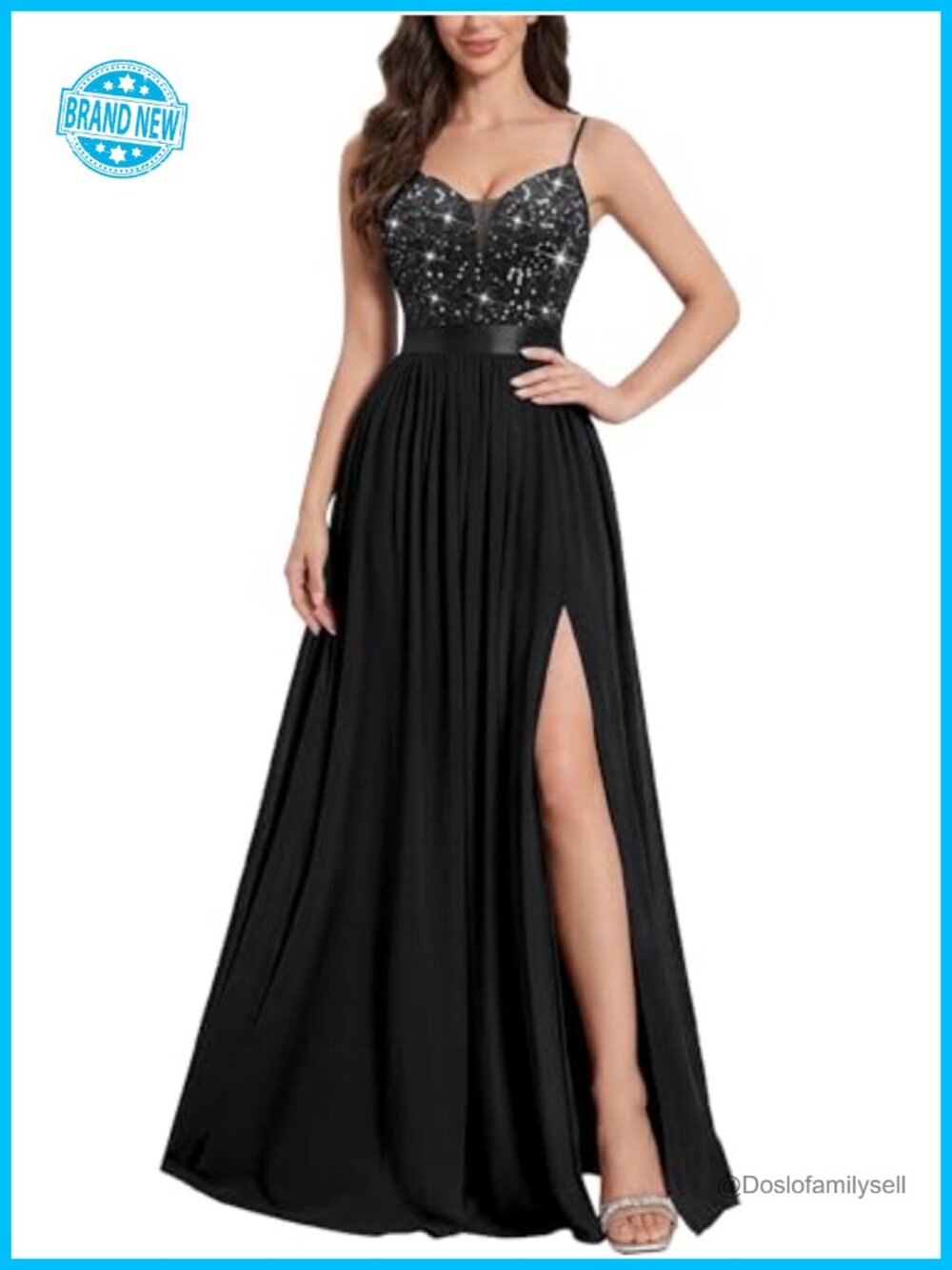 Miusol A-Line V-Neck Sequin High Slit Bridesmaid Party Long Gown